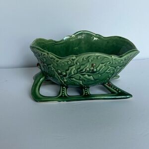 Vintage Ceramic Bowl Christmas Sleigh Holly And Berries Green Red Container